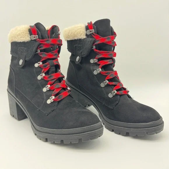 Jellypop Black Heeled Ankle Boots Red Plaid Laces Faux Fur Trim Lug Sole Size 9M - Picture 2 of 13